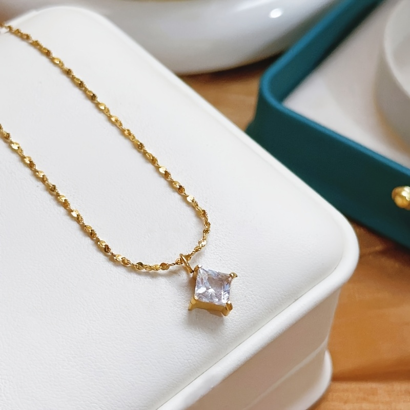 Y-Shaped Thin Chain Necklace with Mini Square Zirconia Pendant